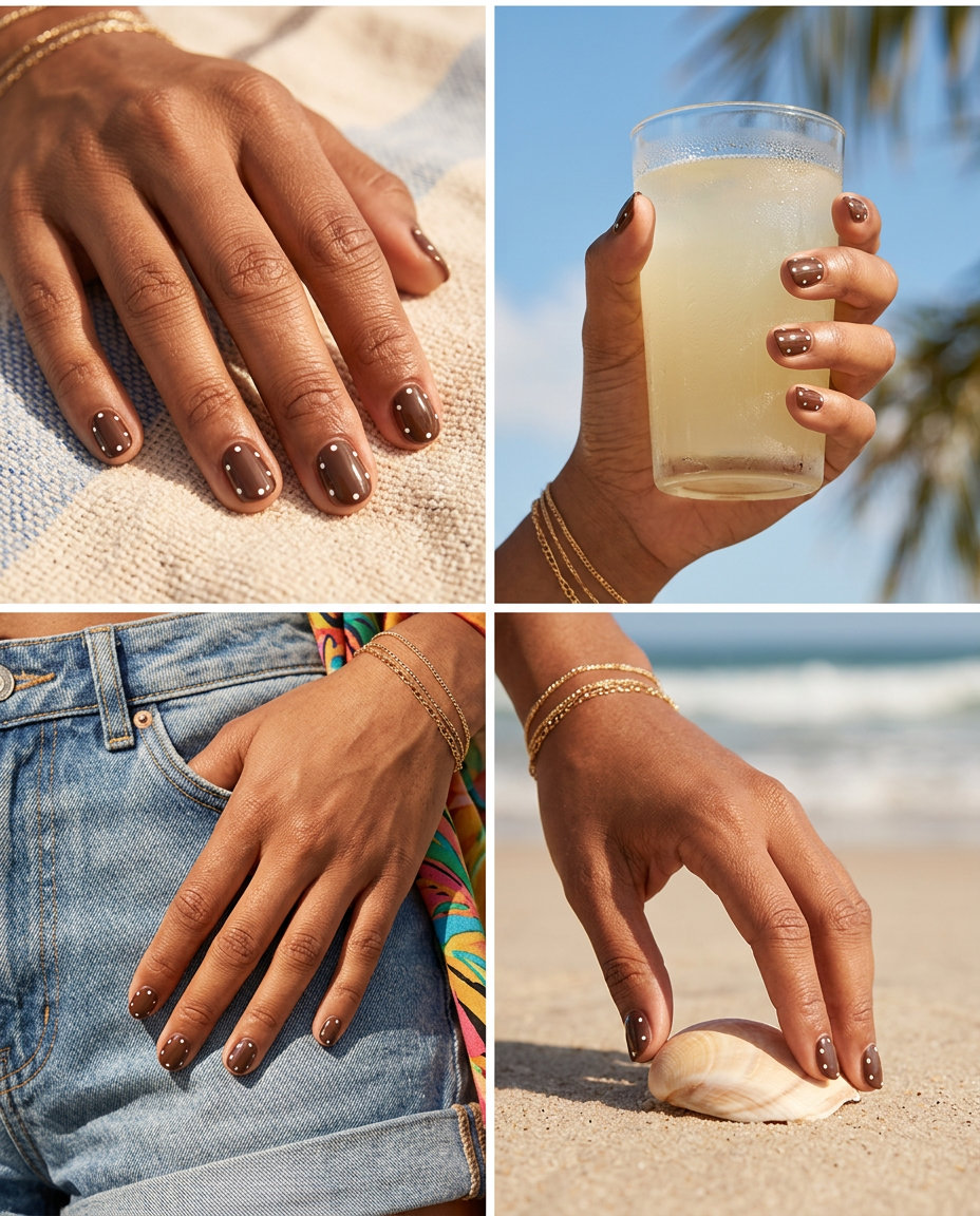 Chic espresso brown polka dot nails for summer 2026, perfect for casual weekend vibes.