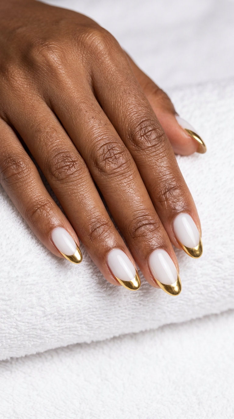 Chic metallic gold French tips for summer nails for brown skin tone 2026, ideal for parties.