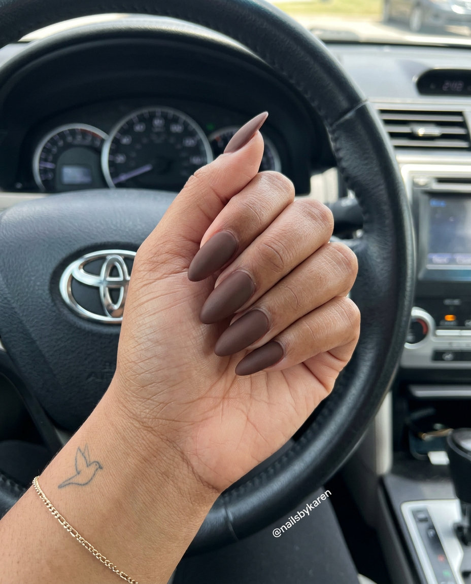 Sophisticated deep mocha brown velvet matte nails for summer 2026, perfect for work or evening events.