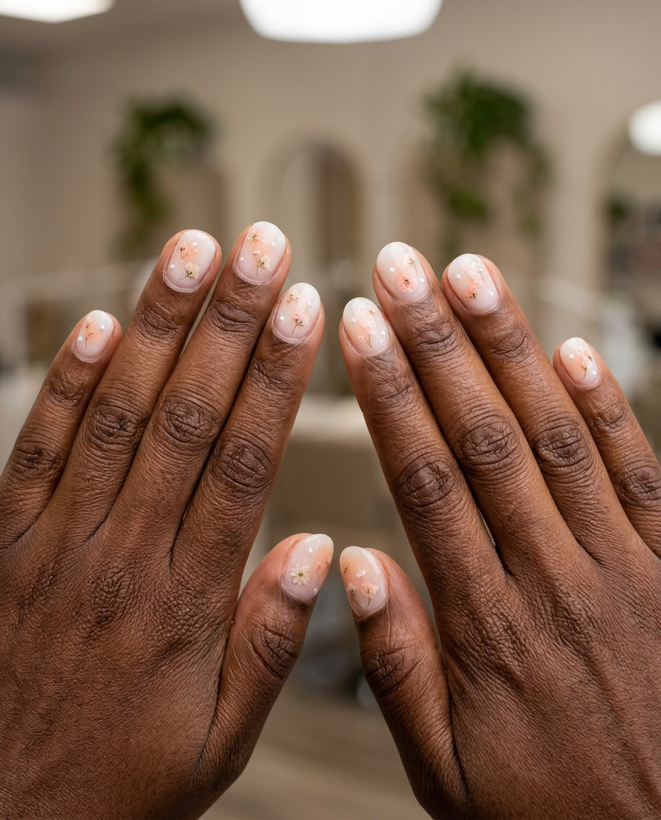 Romantic soft peach milk bath nails with florals for summer nails for brown skin tone 2026.