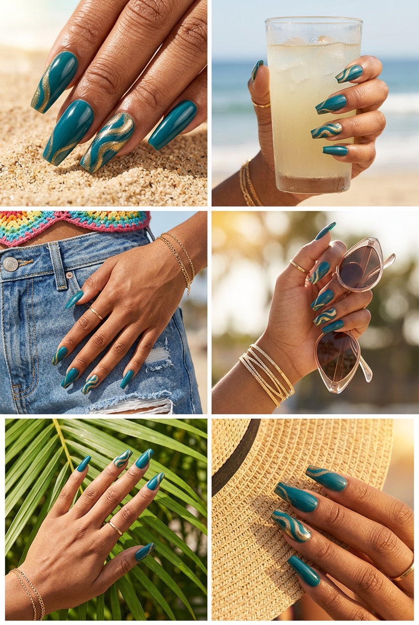 Edgy teal and gold abstract swirl nails for summer 2026, perfect for festivals and evening events.