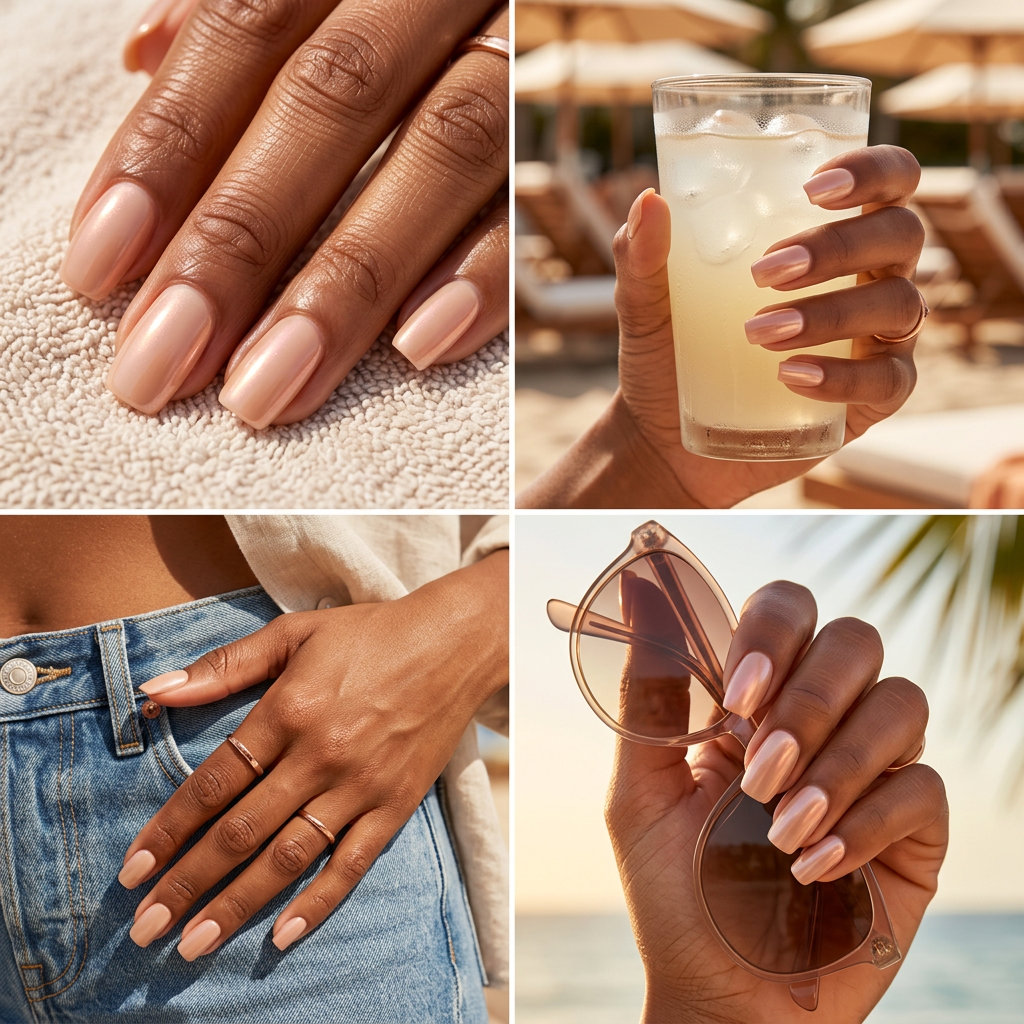 Clean girl warm nude glazed donut nails for summer nails for brown skin tone 2026, perfect for office.