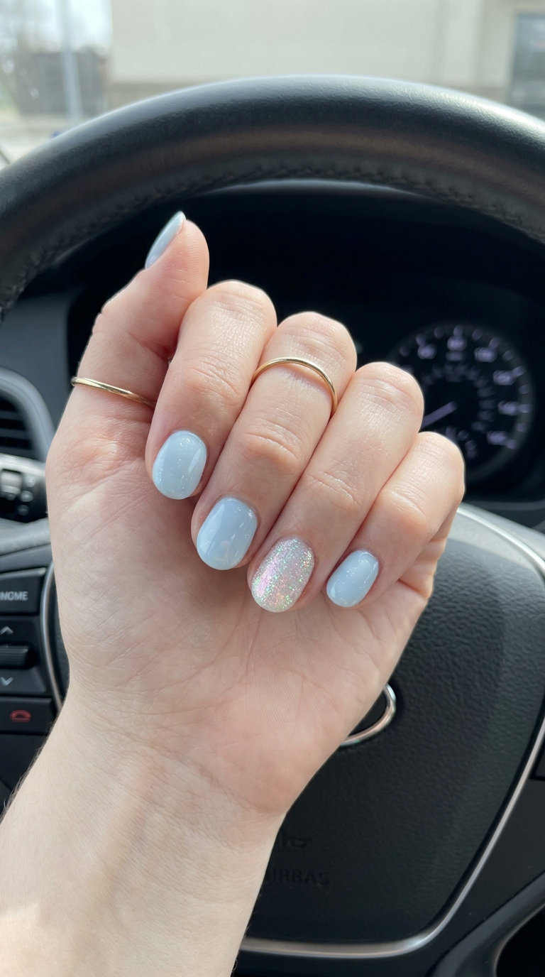 Baby Blue Glitter Accent Nail 2026: Sweet & Playful Baby blue glitter accent nail for summer 2026, sweet for lunch dates and casual wear.