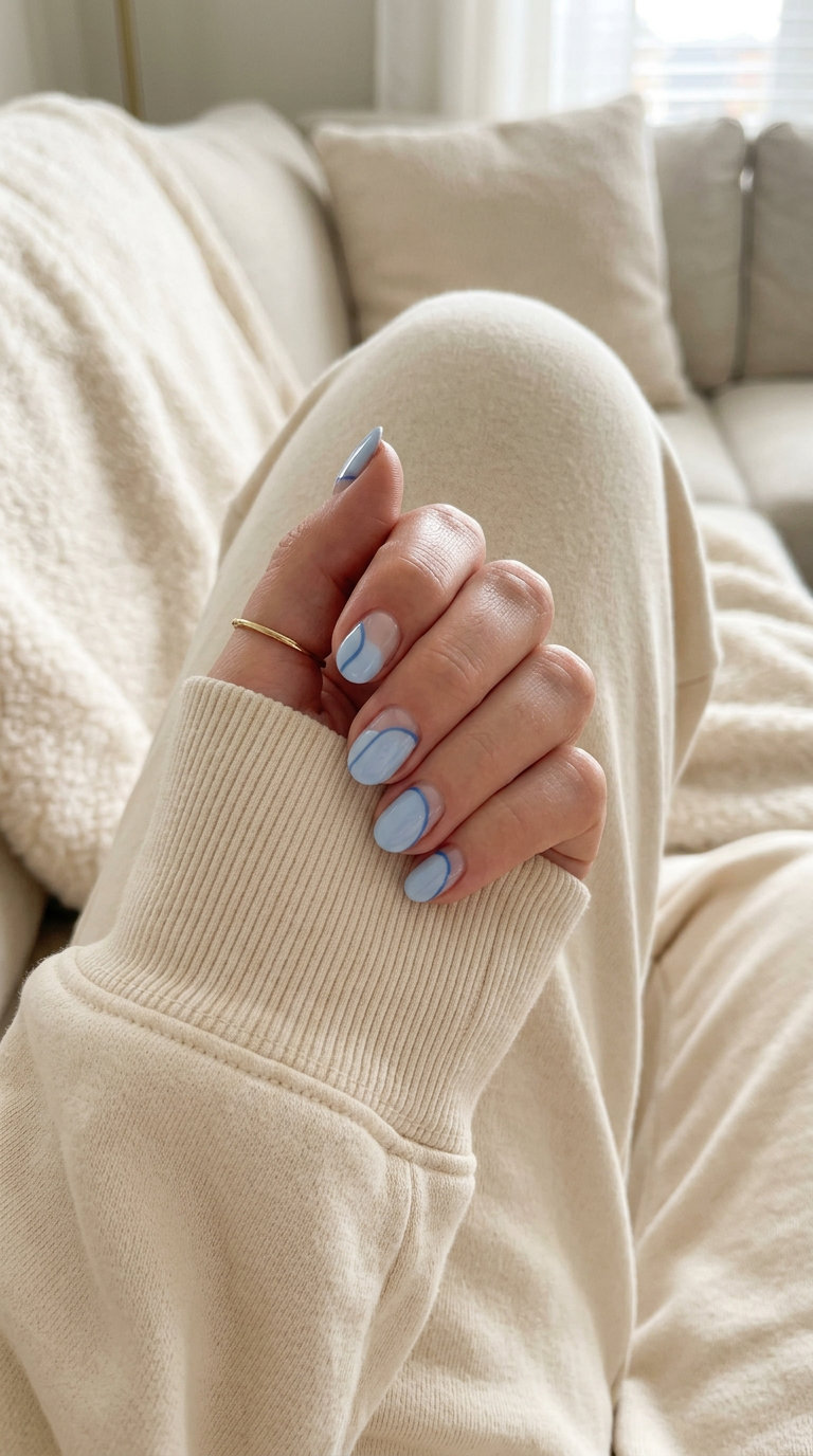 Baby Blue Lines Negative Space Nails 2026 Baby Blue Lines Negative Space nails for summer 2026: Minimalist chic modern abstract lines on oval nails.