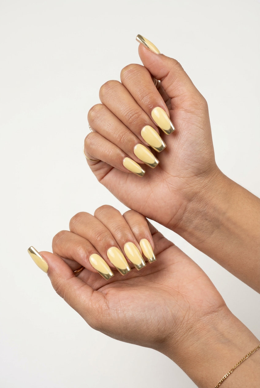 Butter Yellow Chrome Flare Tips 2026: Bold & Artistic Butter yellow chrome flare tips for summer 2026, bold for festivals and fashion-forward events.