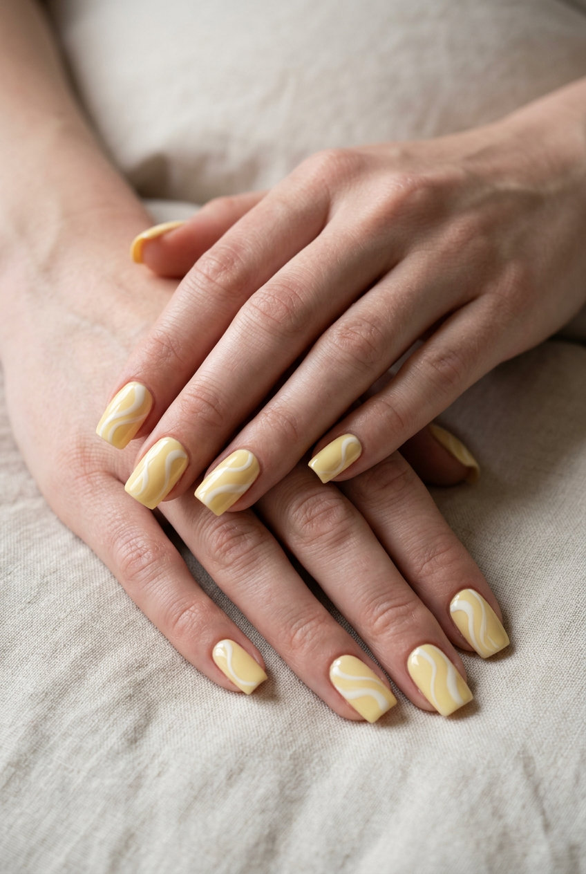 Butter yellow abstract swirl nails for summer 2026, perfect for parties and creative outings.