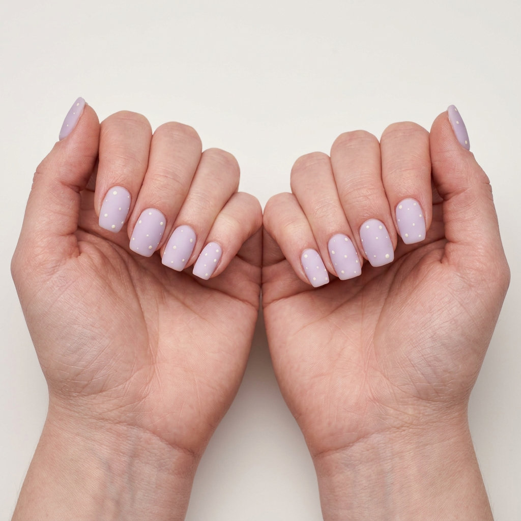 Milky Lavender Velvet Dot Nails 2026: Whimsical Sophistication Milky lavender velvet dot nails for summer 2026, chic for coffee dates and daytime events.