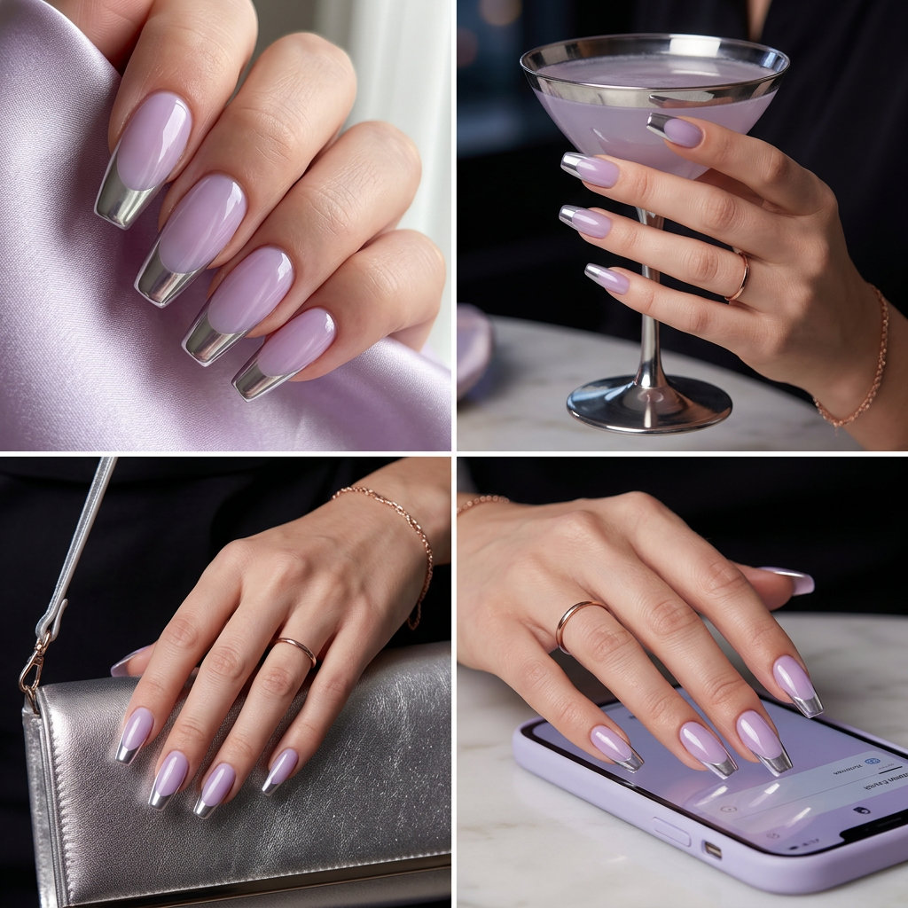 Milky Purple Chrome French Nails 2026 Milky purple chrome French nails for summer 2026, perfect for parties and evening dates. Edgy and modern.