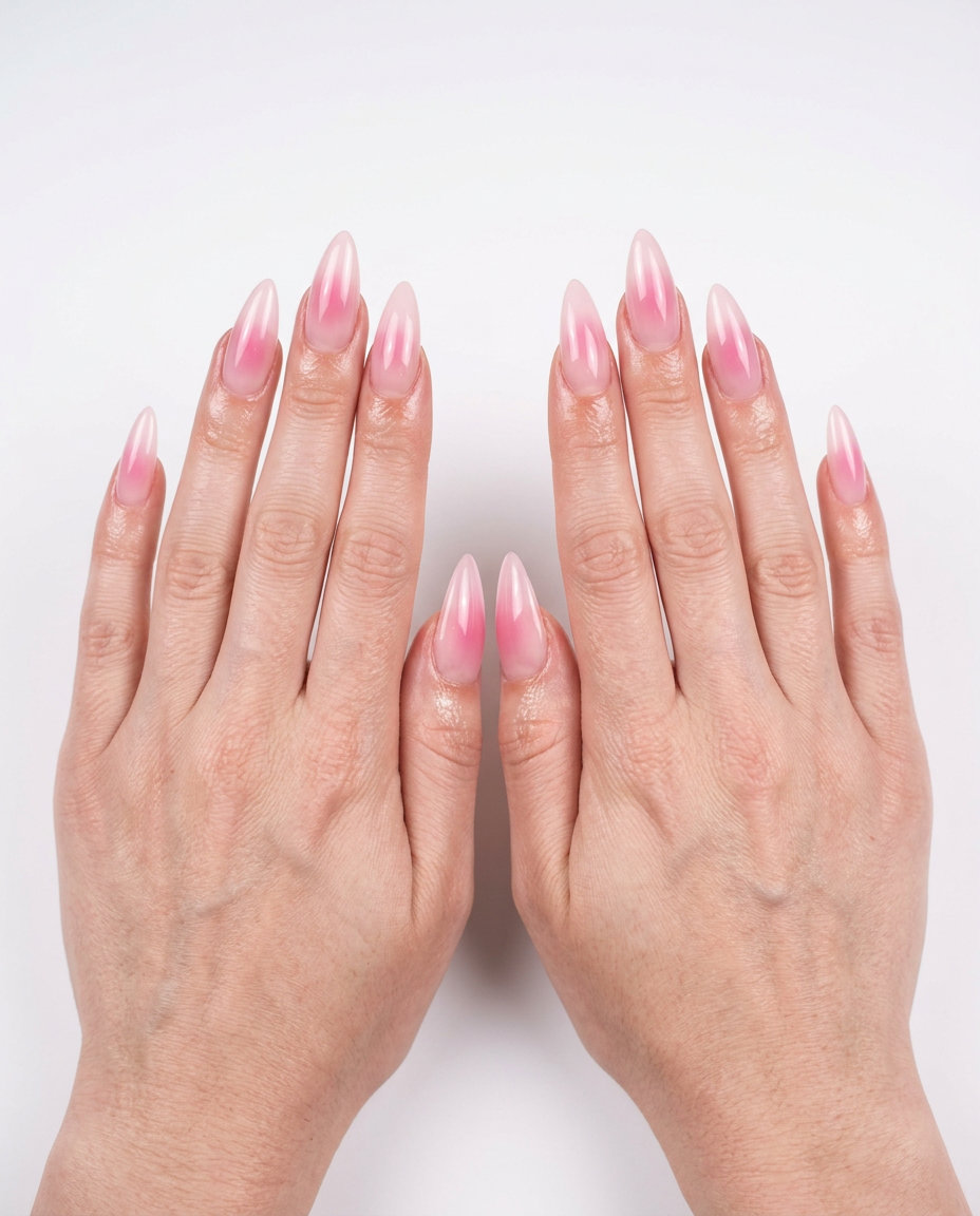 Sheer Pink Aura Stiletto Nails 2026 Sheer Pink Aura Stiletto nails for summer 2026: Ethereal diffused pink gradient on sharp stiletto shape.