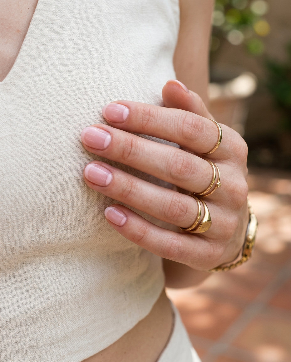 Sheer Pink Reverse French Nails 2026 Sheer Pink Reverse French nails for summer 2026: Minimalist polished understated short oval nails.
