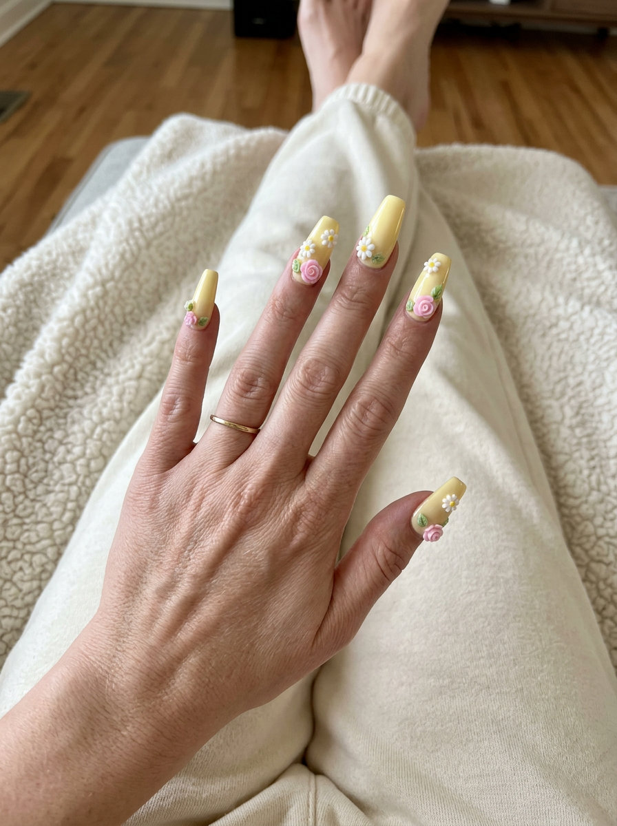 Whimsical butter yellow 3D garden charms nails for parties and summer events. Summer nails yellow 2026.