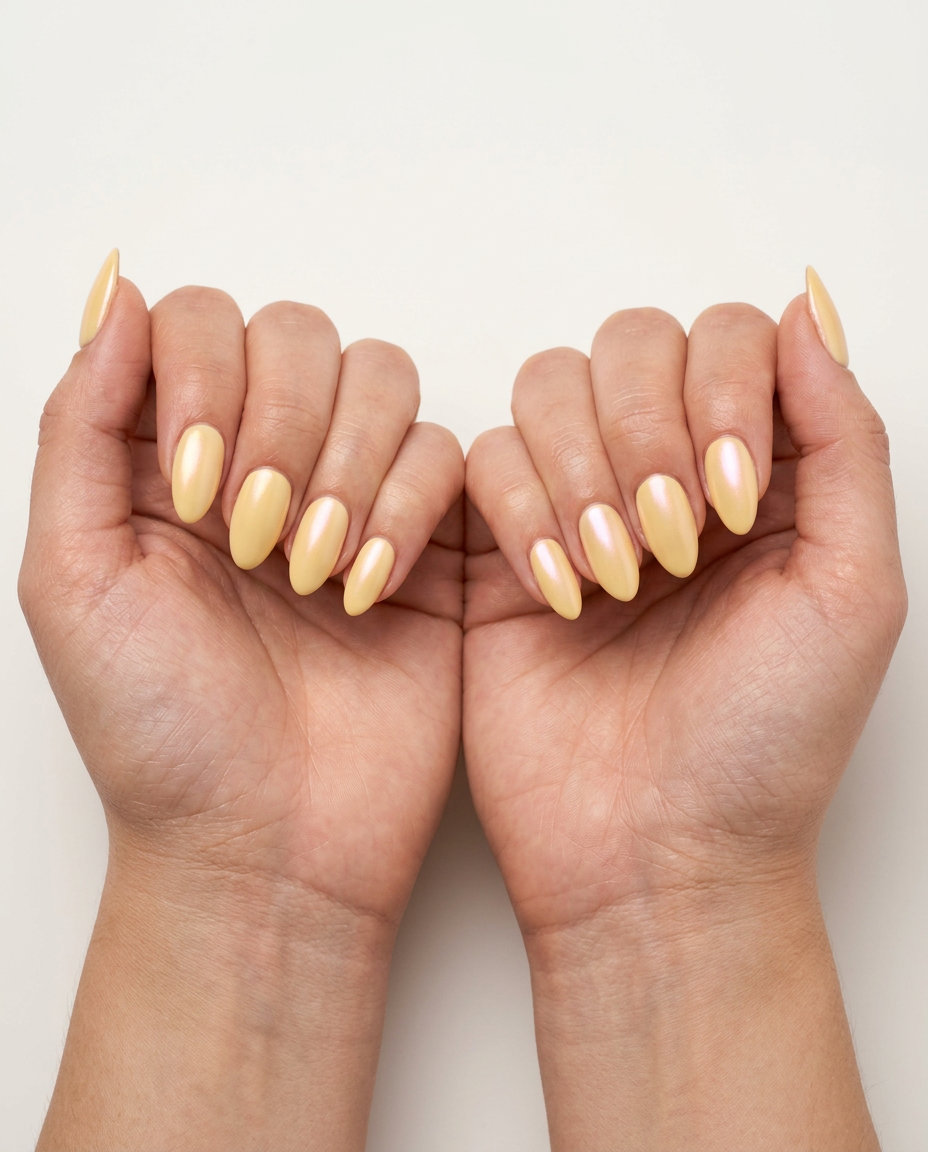 Butter yellow pearlescent almond nails for a romantic wedding guest or summer evening out in 2026.
