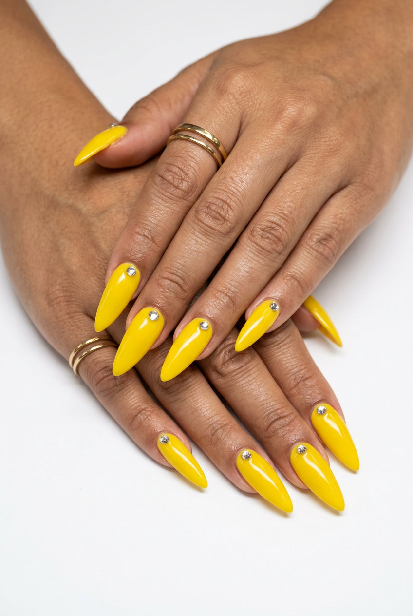Glamorous canary yellow stiletto nails with clear rhinestone accents for a formal event or night out. Summer nails yellow 2026.