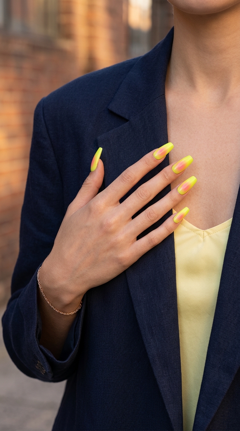 Edgy electric lime yellow aura glow nails with pink/orange center for festivals and summer parties. Summer nails yellow 2026.