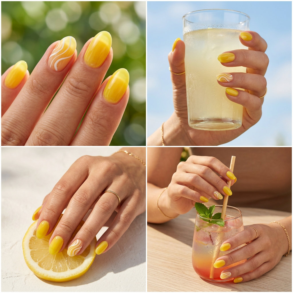 Playful lemon zest yellow oval nails with crisp white swirls for weekend brunch or summer vacation. Summer nails yellow 2026.