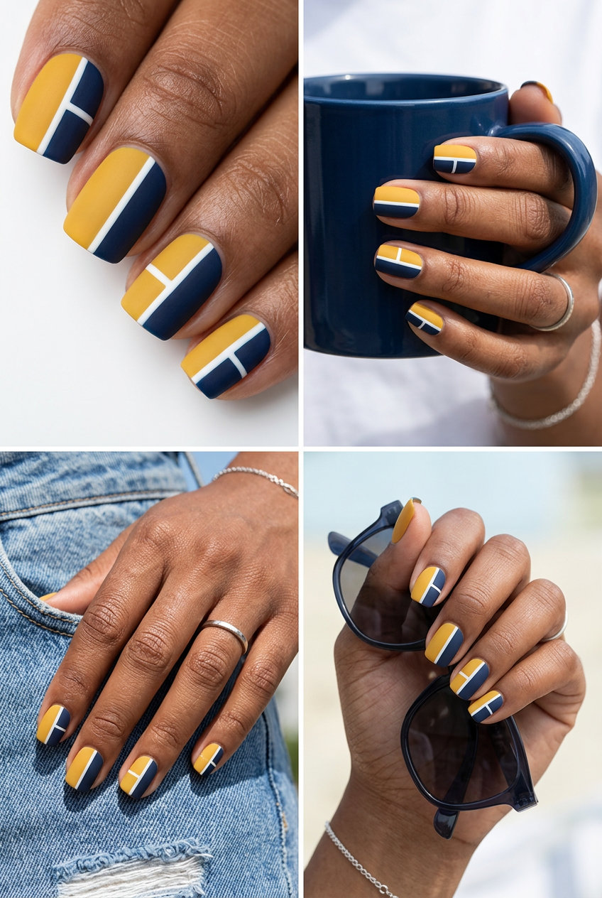 Retro mustard yellow color block geometric nails with navy blue for casual outings. Summer nails yellow 2026.