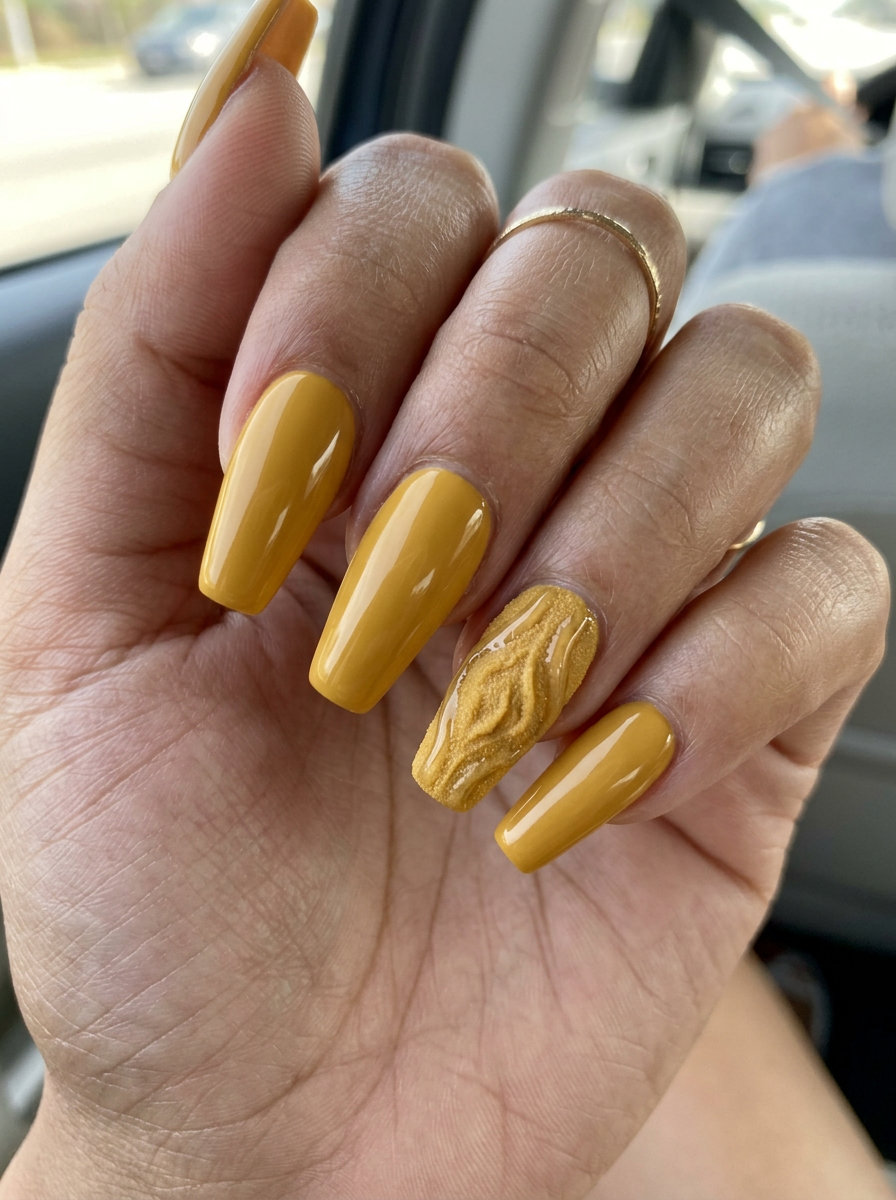 Bohemian mustard yellow coffin nails with textured accents for festivals and casual days out. Summer nails yellow 2026.