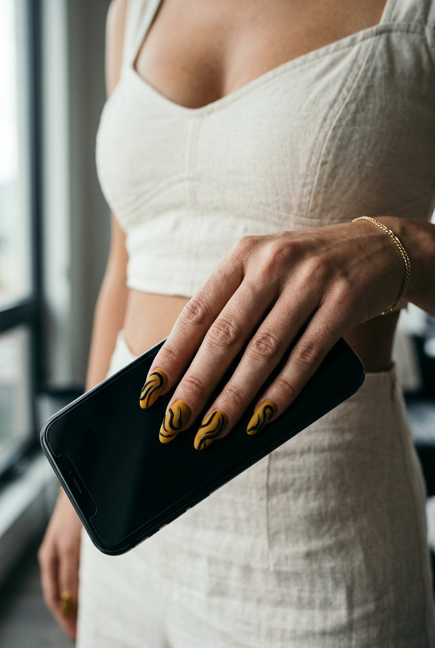 Bohemian mustard yellow textured line art coffin nails for festivals and vacations. Summer nails yellow 2026.
