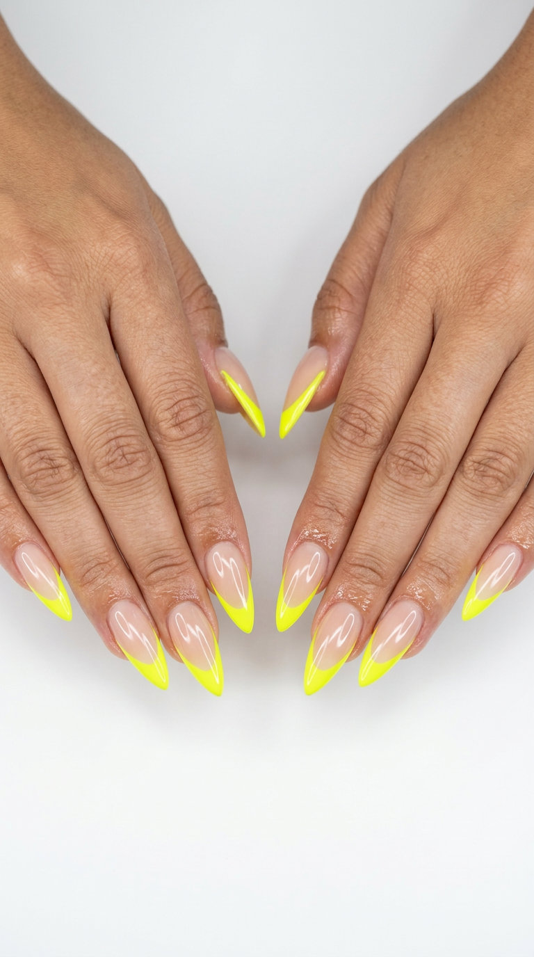 Edgy neon yellow French tip stiletto nails for parties and festivals. Summer nails yellow 2026.