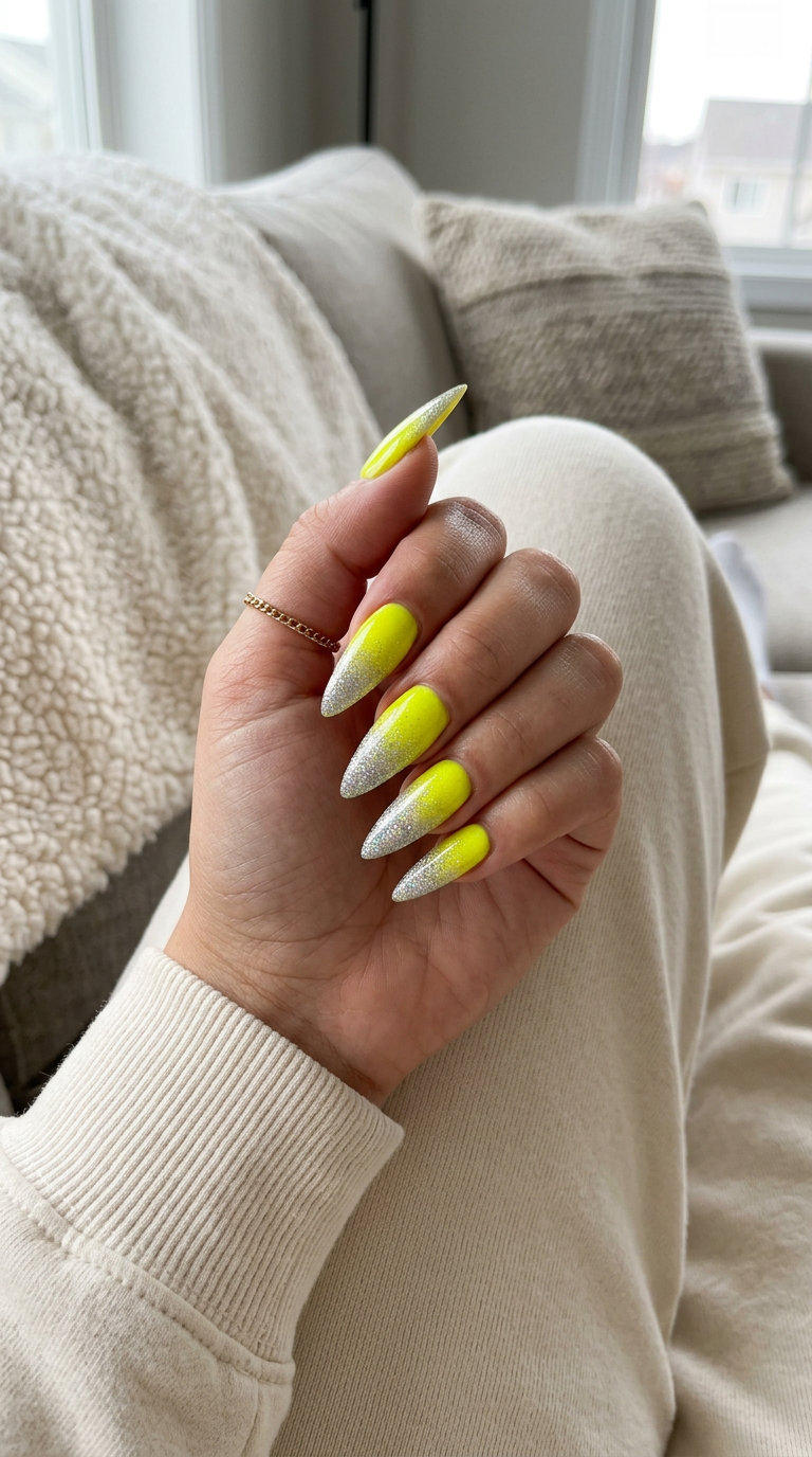 Edgy neon yellow glitter gradient stiletto nails for festivals and parties. Summer nails yellow 2026.
