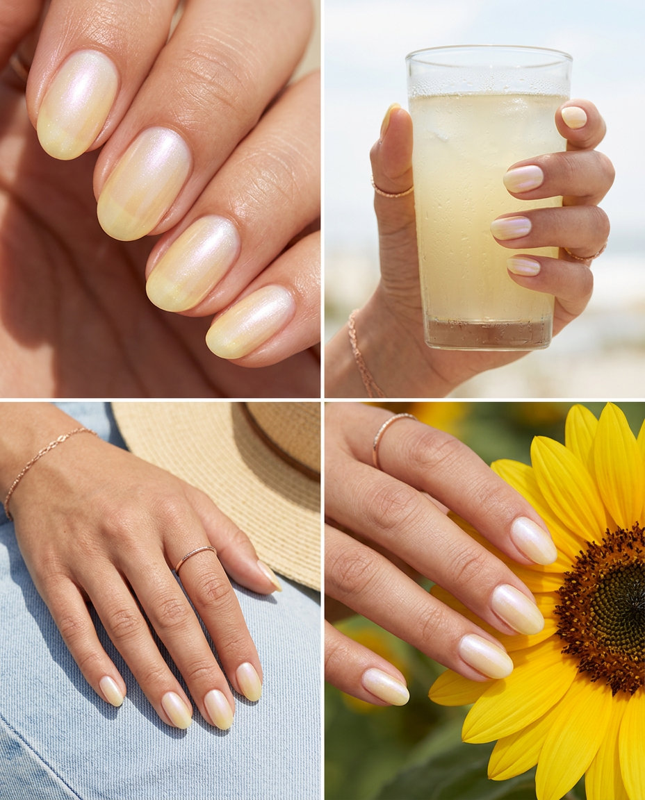 Pale yellow pearlescent shimmer oval nails for vacation or a wedding guest in 2026.
