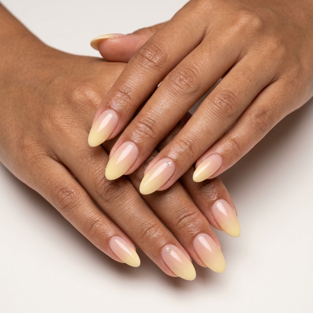 Romantic subtle sunrise ombre almond nails in pale yellow and nude for weddings or date nights. Summer nails yellow 2026.