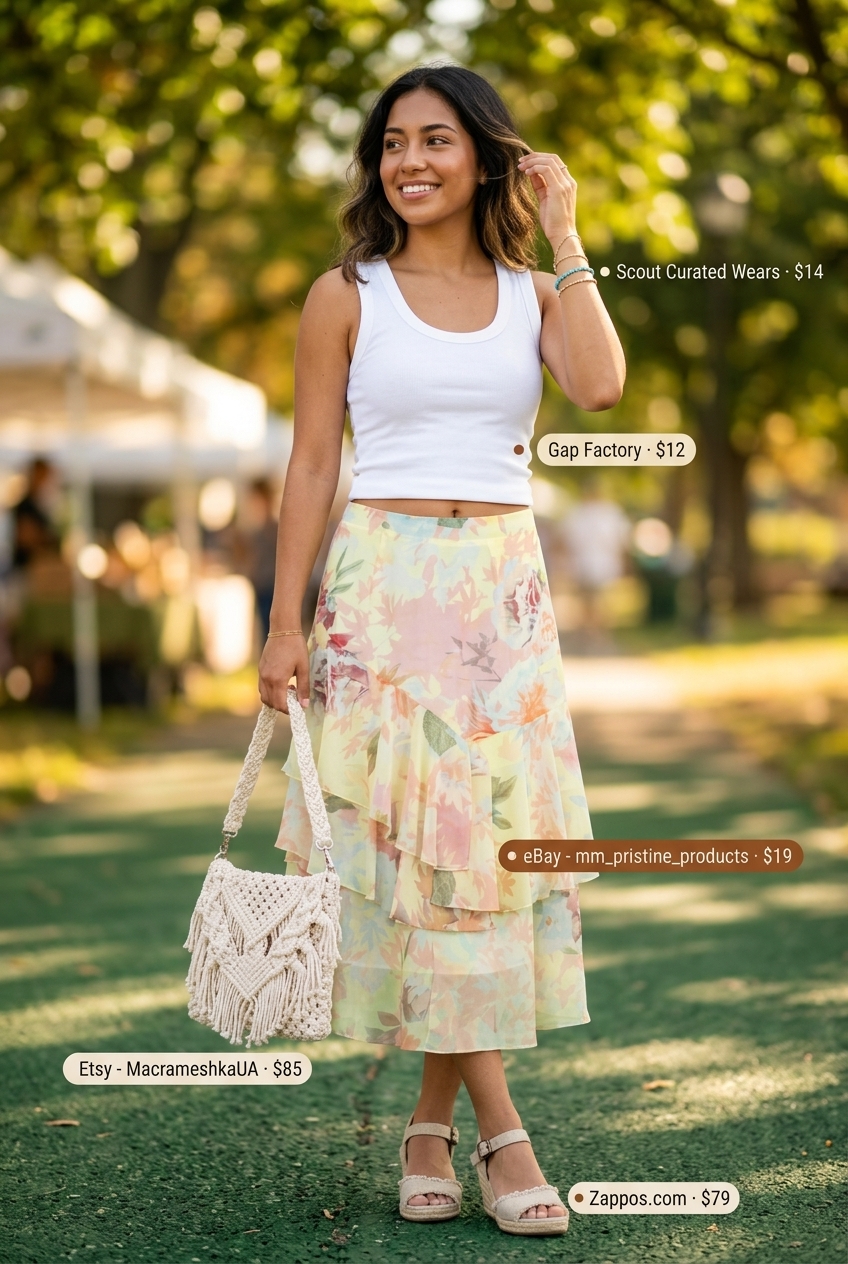Summer Outfits That Look Expensive 2026: Boho floral midi skirt with off-white tank top, macrame bag, and espadrilles.