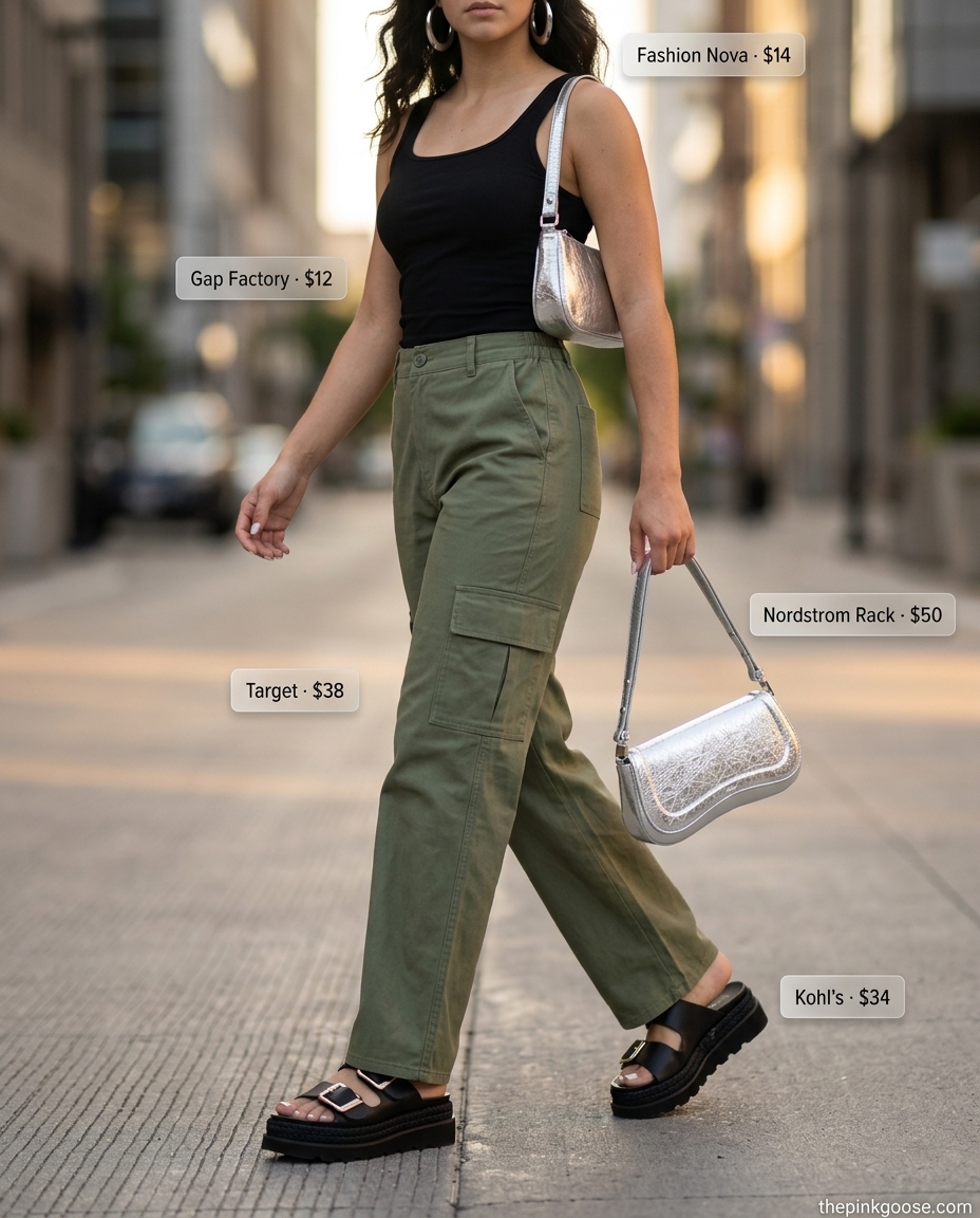 Khaki cargo pants with a black knit top and silver accessories for summer outfits that look expensive 2026.