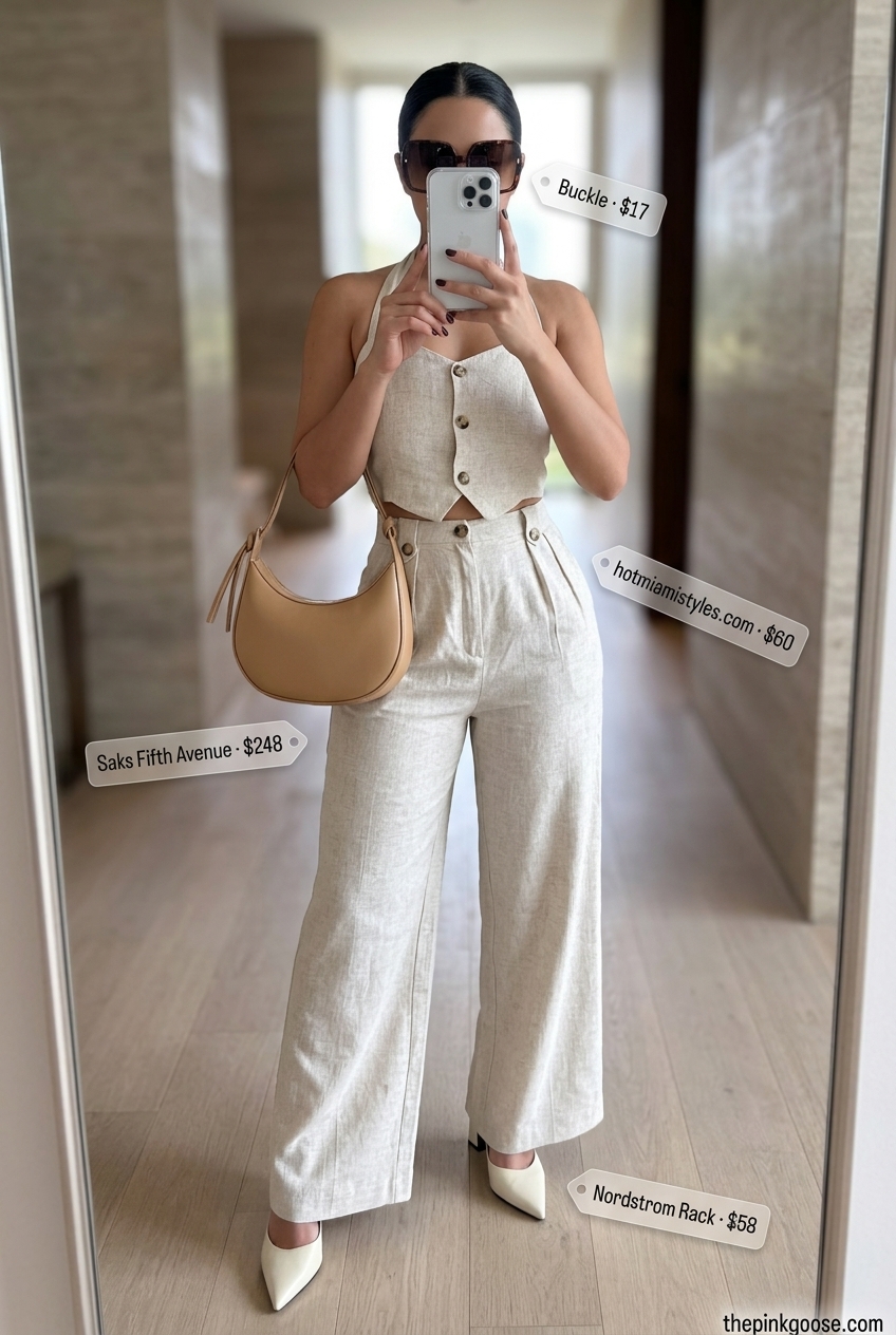 Beige linen pants and bandeau top with cream mules for summer outfits that look expensive 2026.