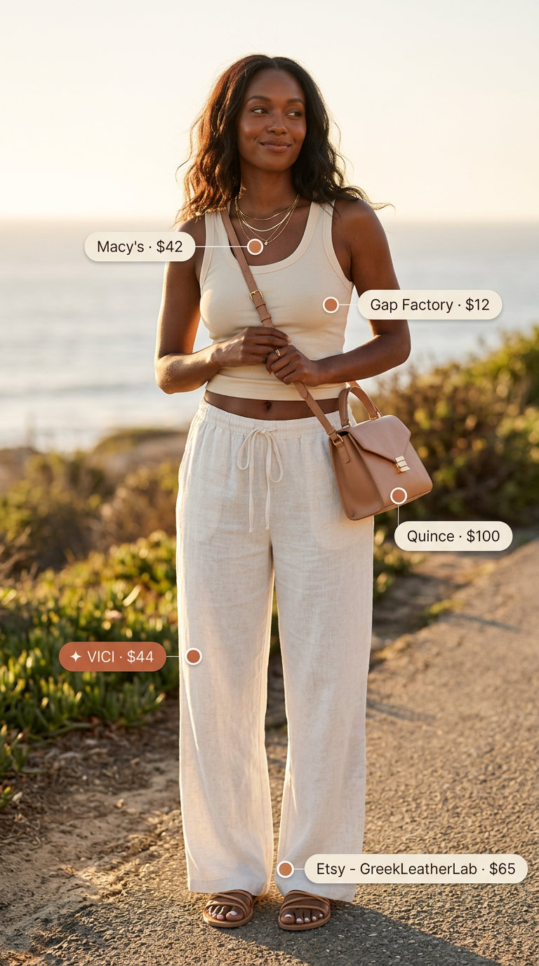Cream linen pants with a beige tank top and tan sandals for summer outfits that look expensive 2026.