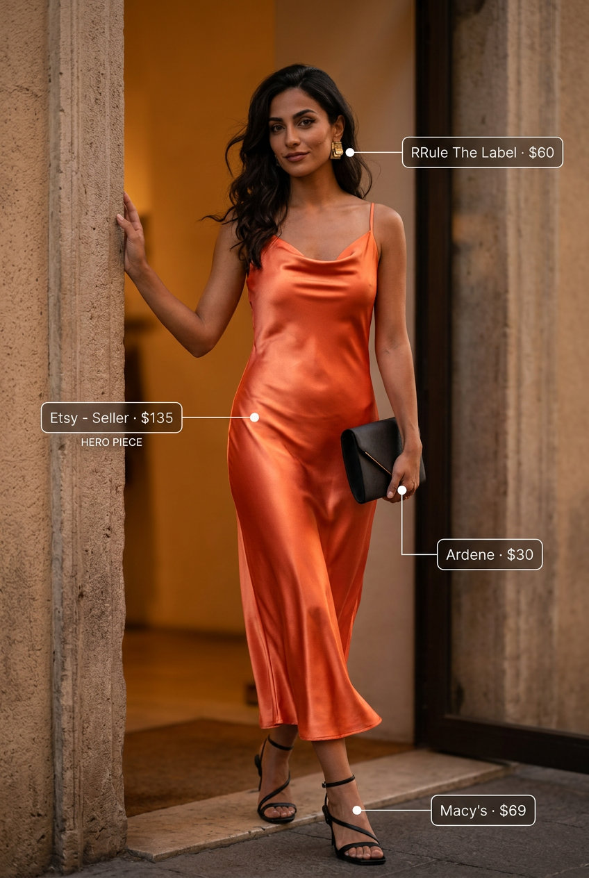 Coral silk slip dress with black heels and gold earrings for summer outfits that look expensive 2026.