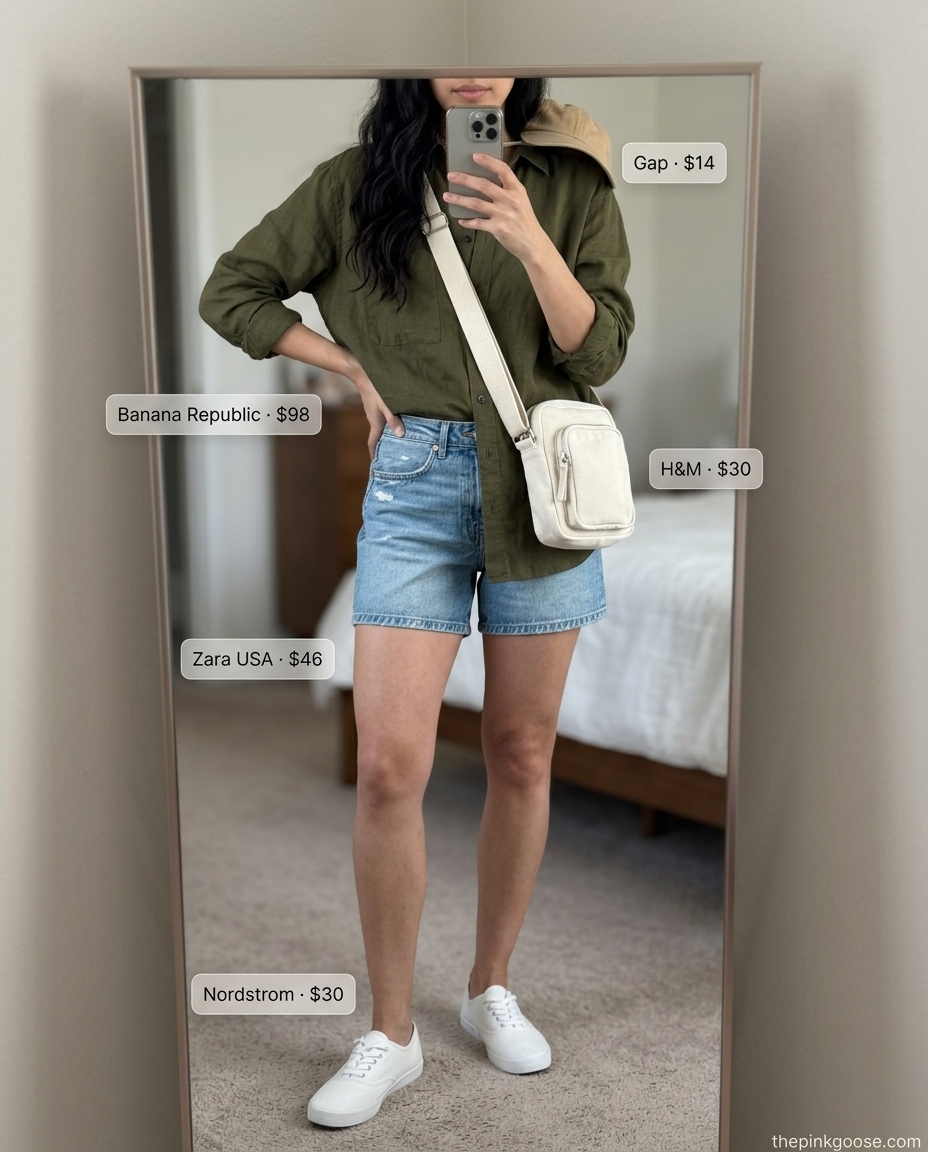 Summer Outfits That Look Expensive 2026: Denim shorts with an oversized linen shirt, white sneakers, and crossbody bag.