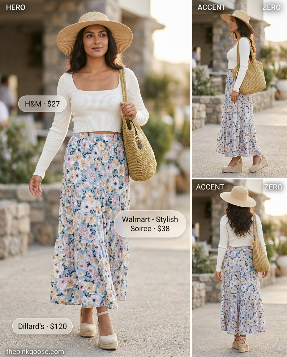 Summer Outfits That Look Expensive 2026: Pastel blue floral maxi skirt with cream crop top, straw hat, and espadrilles.