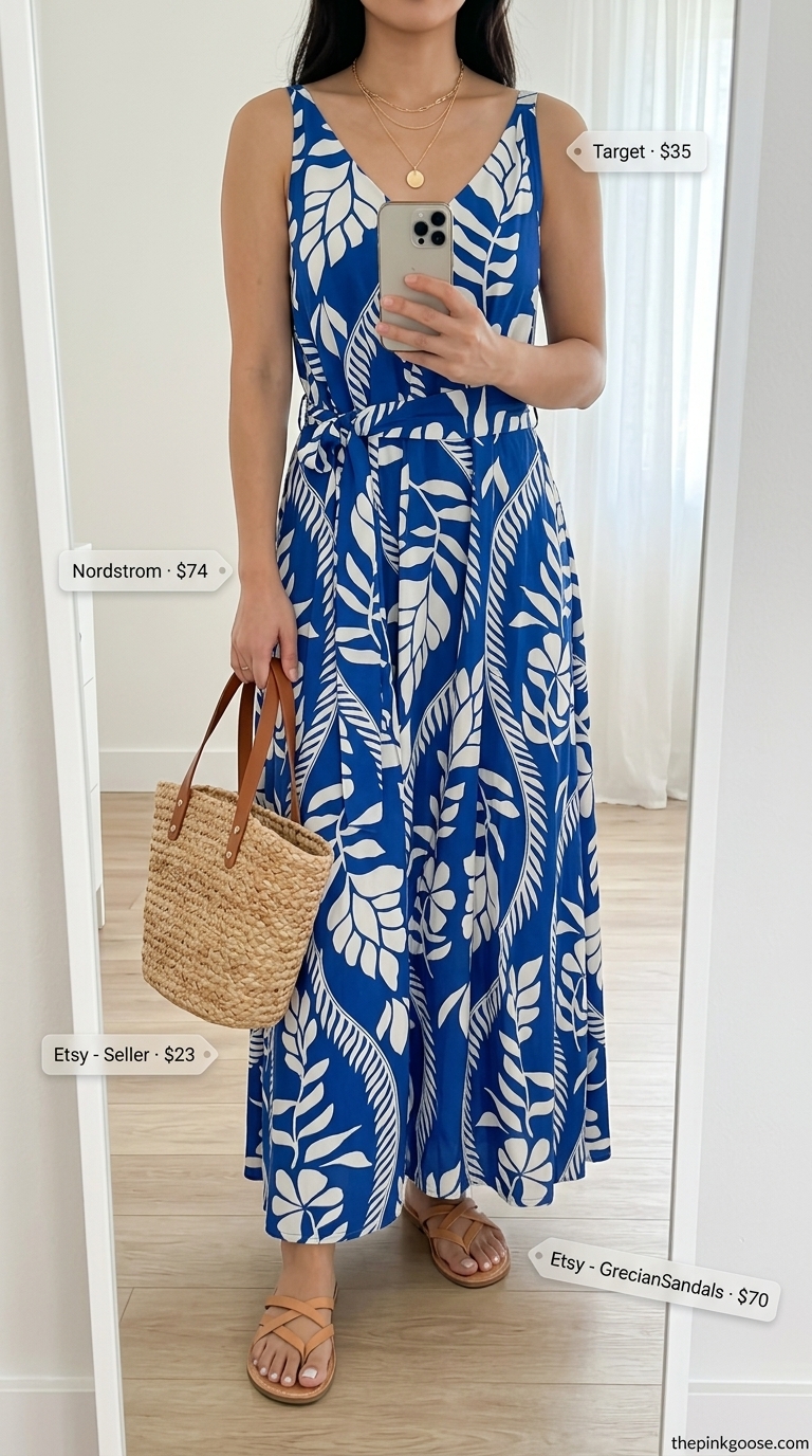 Blue and white print maxi dress with tan sandals and straw bag for summer outfits that look expensive 2026.