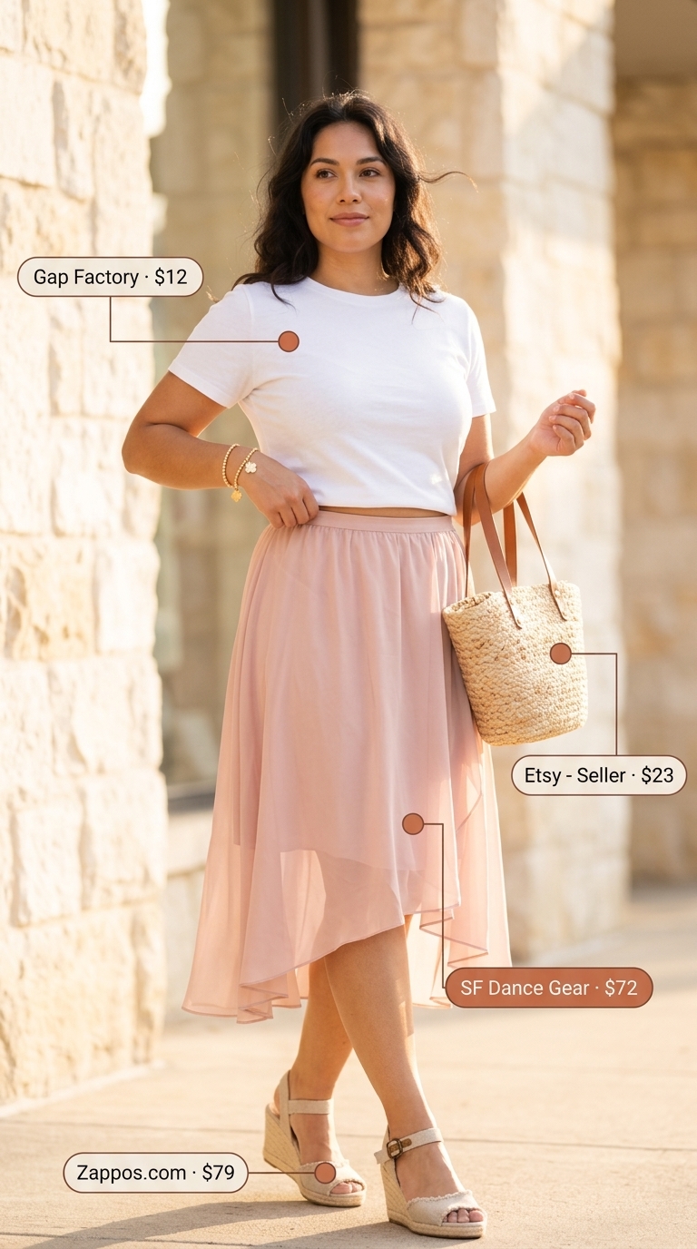 Summer Outfits That Look Expensive 2026: Blush pink pleated midi skirt with white t-shirt and espadrilles for brunch.