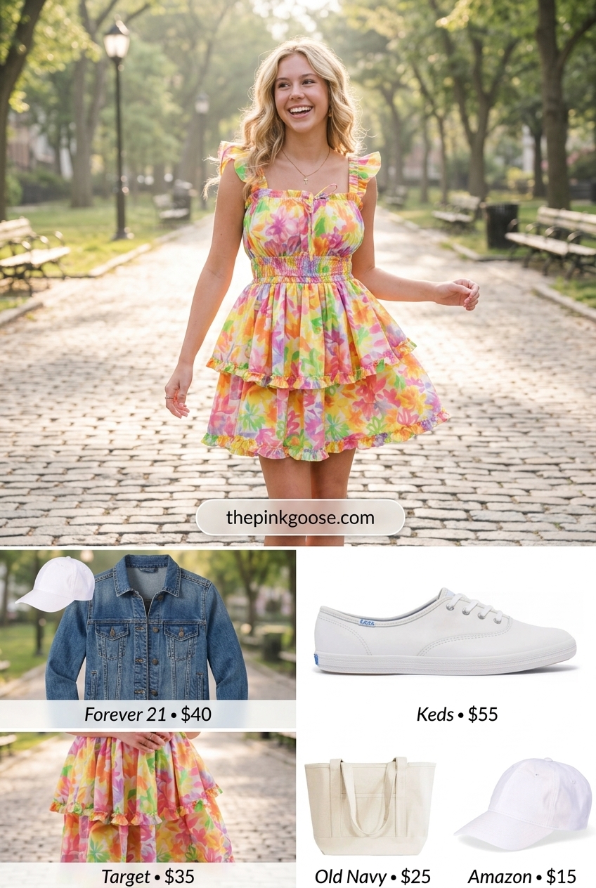 Summer Outfits That Look Expensive 2026: Multi-color print mini dress with denim jacket, white sneakers, and canvas tote.