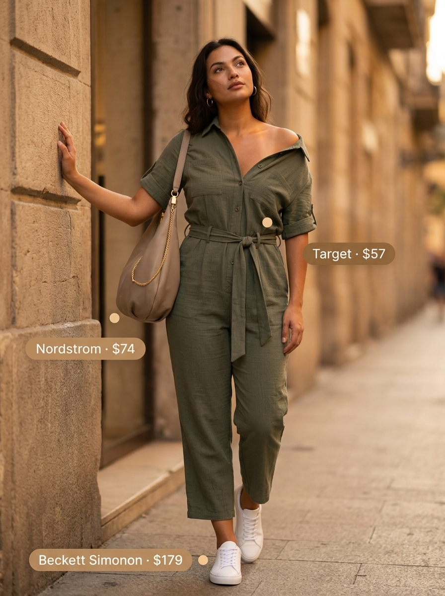 Summer Outfits That Look Expensive 2026: Khaki utility jumpsuit with white sneakers, gold earrings, and tan crossbody.