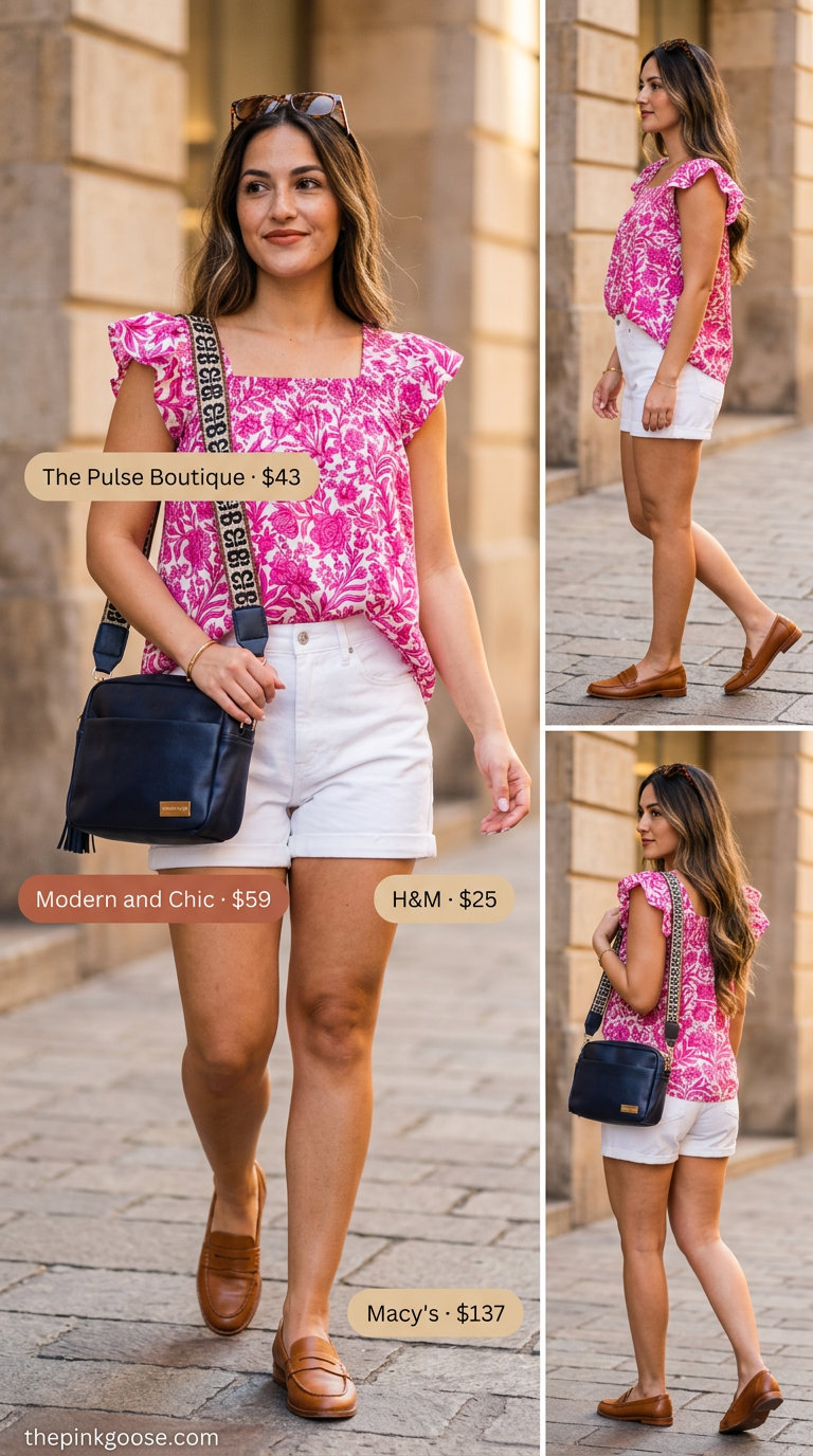 Summer outfits that look expensive 2026: Pink floral blouse, white denim shorts, loafers, and crossbody bag for shopping.