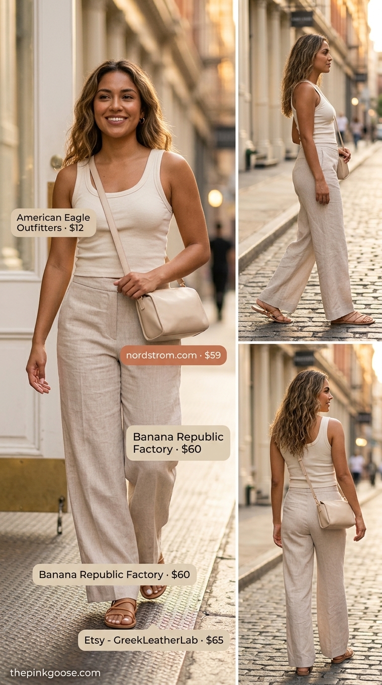 Summer outfits that look expensive 2026: Beige wide-leg pants, cream knit top, tan sandals, and crossbody bag for casual chic.