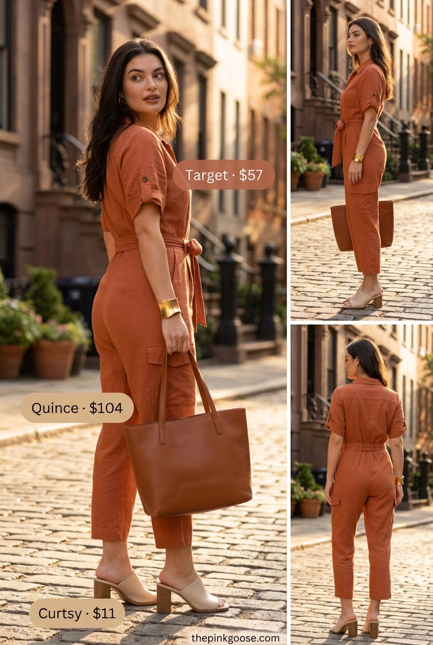Summer outfits that look expensive 2026: Terracotta utility jumpsuit, block heels, structured tote, and gold bracelet.