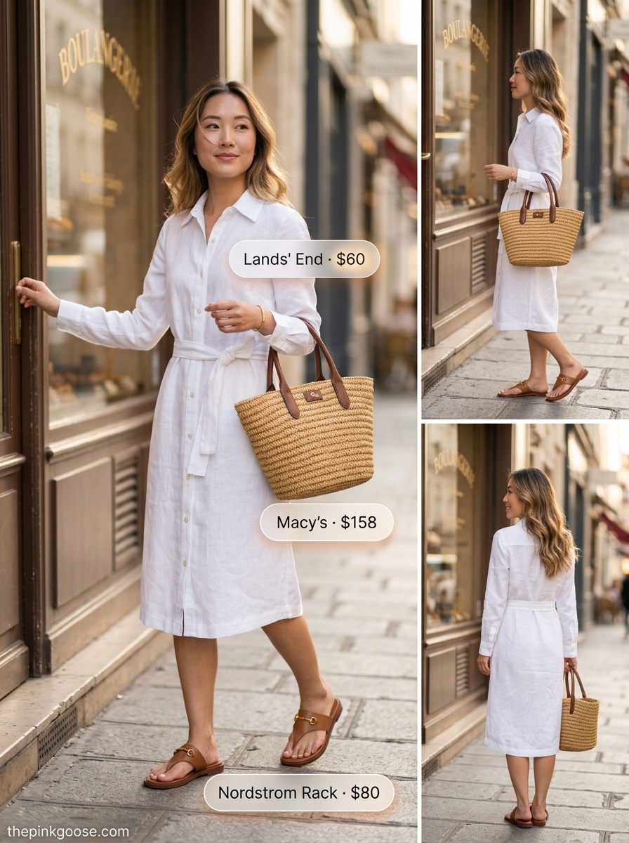 Summer outfits that look expensive 2026: White linen shirt dress, tan sandals, gold bangles, and raffia tote for vacation.