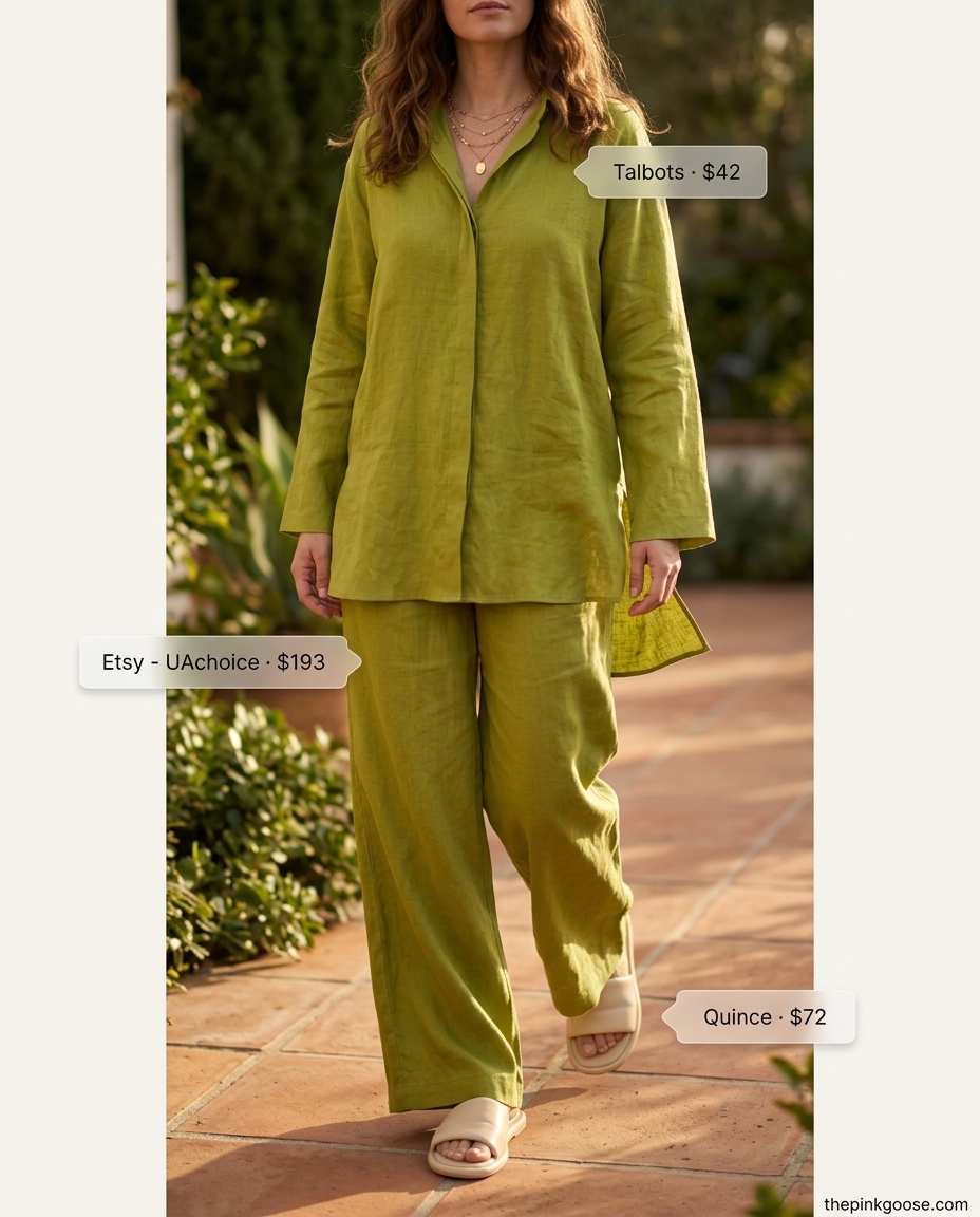 Summer outfits that look expensive 2026: Olive green linen set, straw bag, leather slides, and gold necklaces for resort wear.