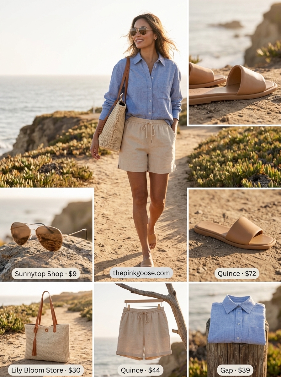 Summer outfits that look expensive 2026: Sky blue oversized shirt, linen shorts, straw tote, and aviators for beach day.