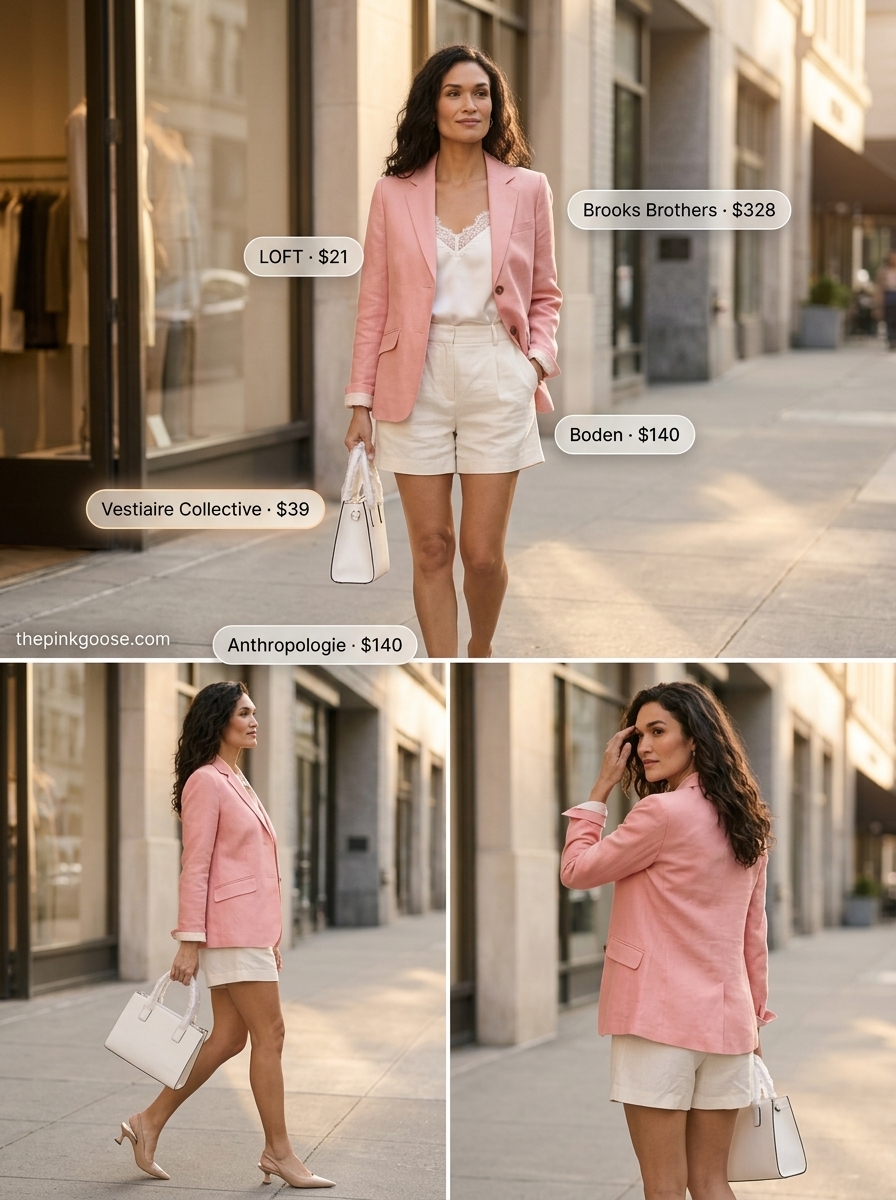 Summer outfits that look expensive 2026: Blush pink blazer & shorts suit, silk cami, kitten heels, and top-handle bag.