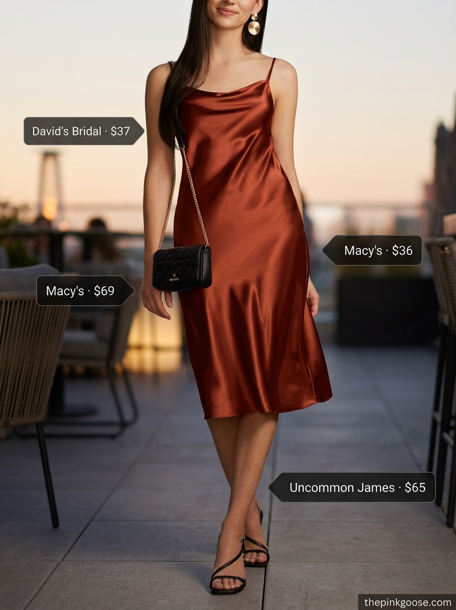 Summer outfits that look expensive 2026: Coral slip dress, black heels, gold earrings, and clutch for date night.