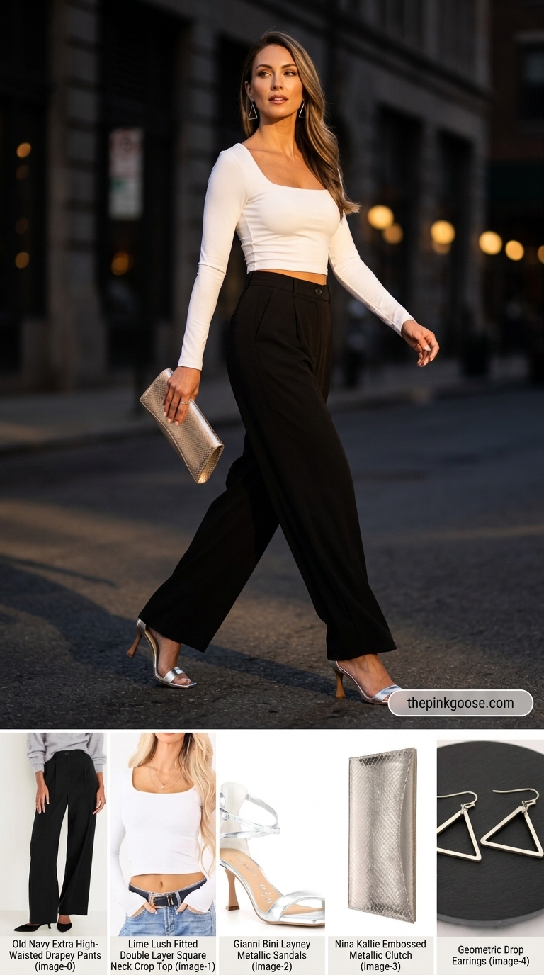 Summer outfits that look expensive 2026: Black wide-leg pants, white crop top, silver sandals, and clutch for evening out.