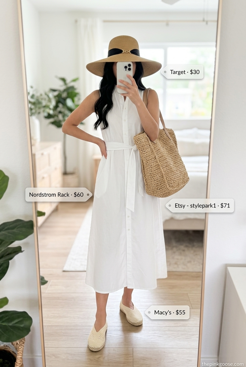 Resort Summer Outfit: White midi shirt dress, straw hat, straw tote for women 2026.