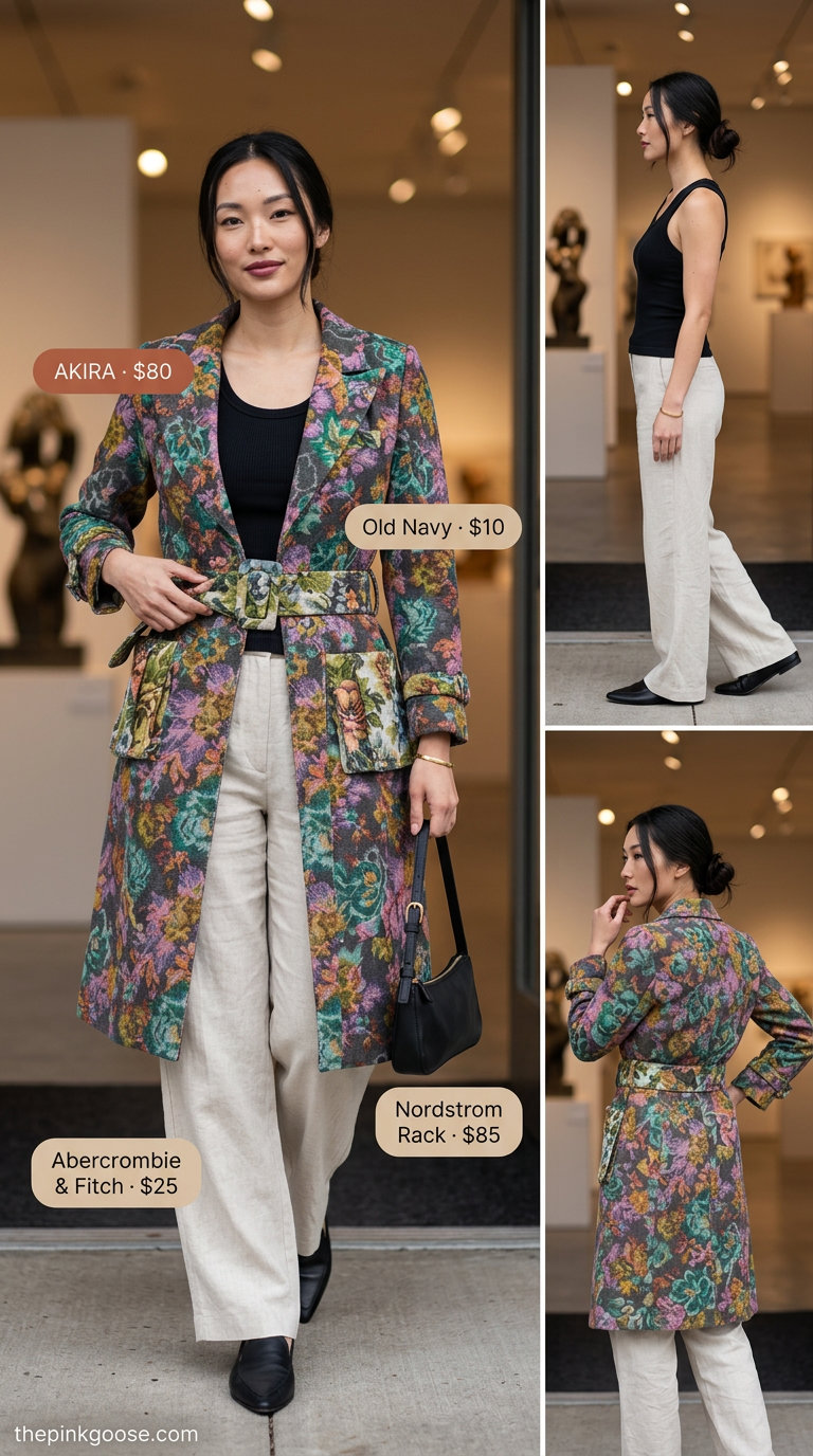 Artistic summer outfits for women 2026: Abstract print oversized trench, cream trousers, black tank & boots.