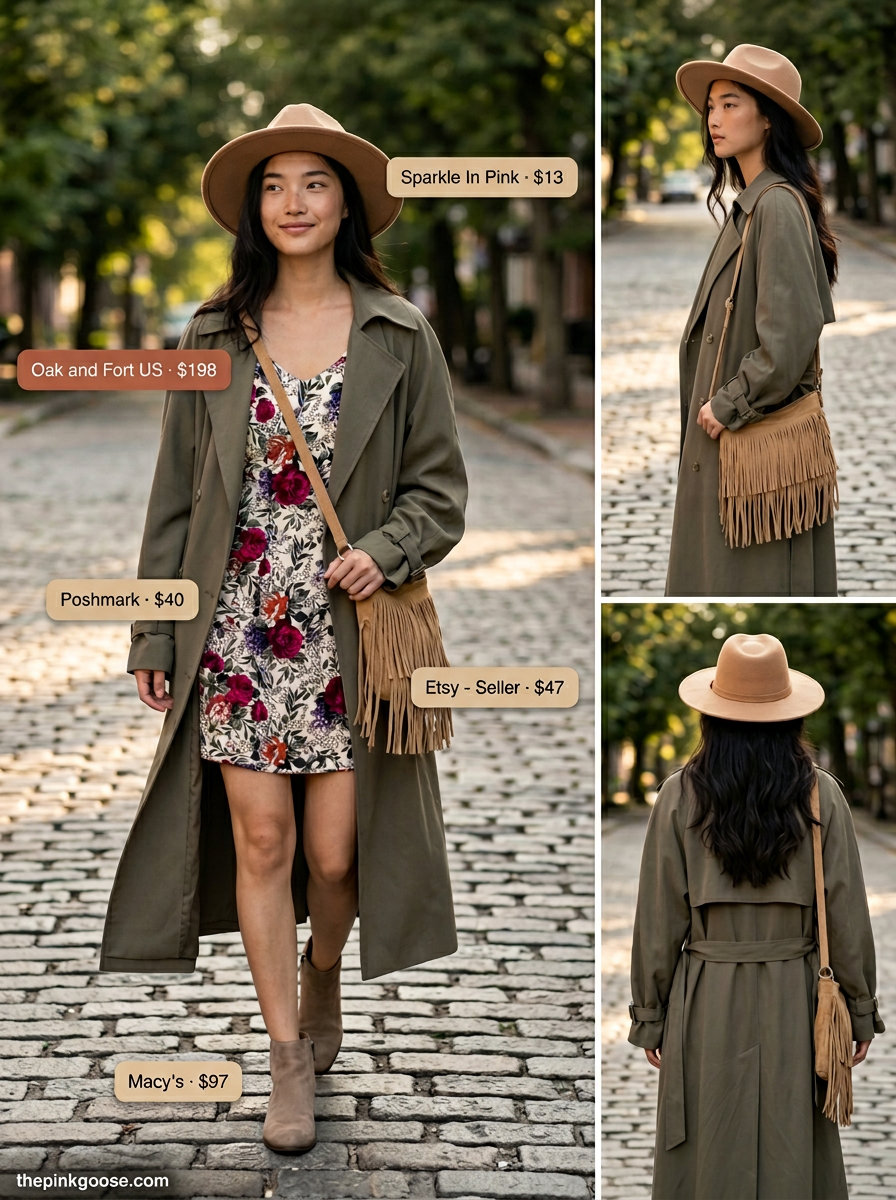 Boho summer outfits for women 2026: Cream floral mini dress, olive green oversized trench coat, suede boots & hat.