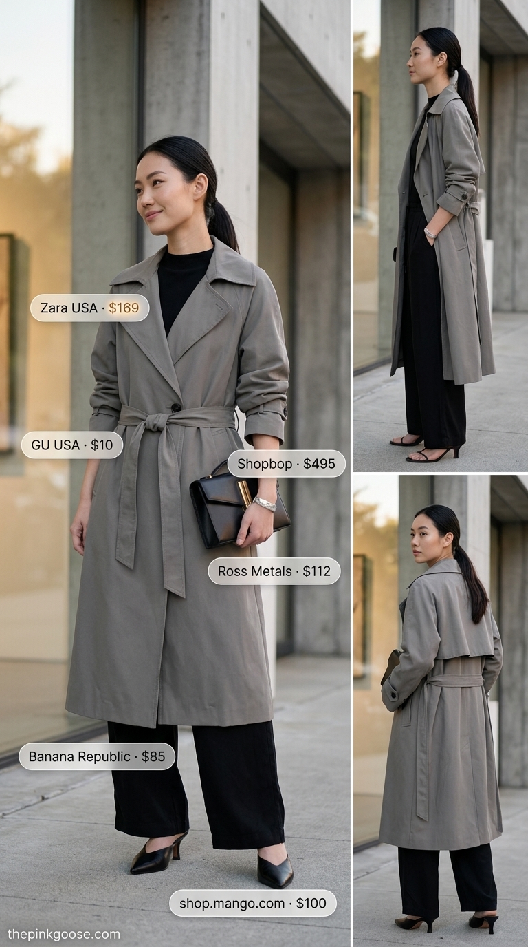 Modern minimalist summer outfits for women 2026: Stone grey oversized trench, black wide-leg trousers, mock neck top.